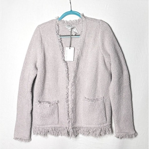 Barefoot Dreams Cozy Chic NEW Fringed Jacket Cardigan Sz M Oyster Gray Pockets - Picture 2 of 14